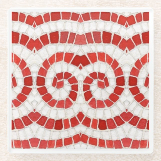 RED IONIC MOSAIC Glass Beverage Coaster (Front)