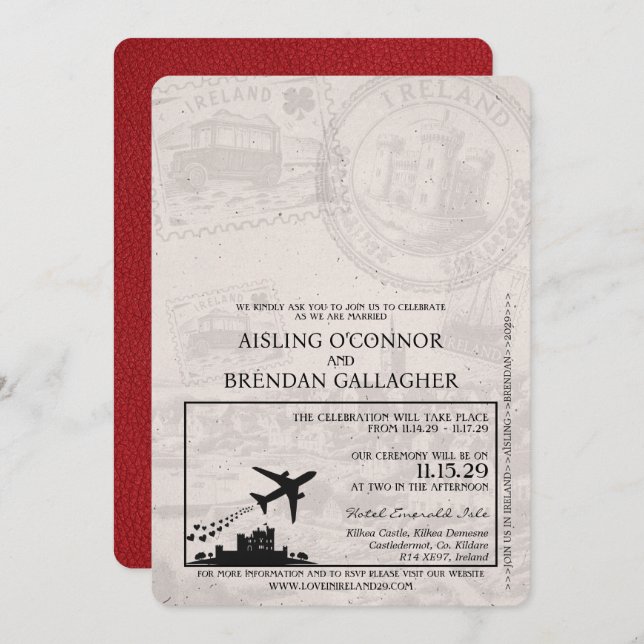 Red Ireland Passport Wedding Invitation (Front/Back)