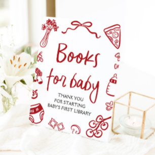 Red Italian Hand Drawn Baby Shower Books for Baby Pedestal Sign