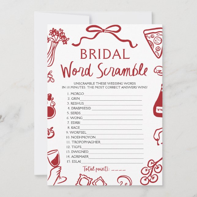 Red Italian Hand Drawn Bridal Word Scramble Game Invitation (Front)