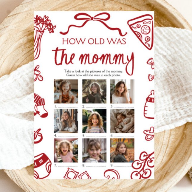 Red Italian Hand Drawn How Old Was The Mummy Game Invitation (Red Italian Hand Drawn How Old Was The Mommy Game)