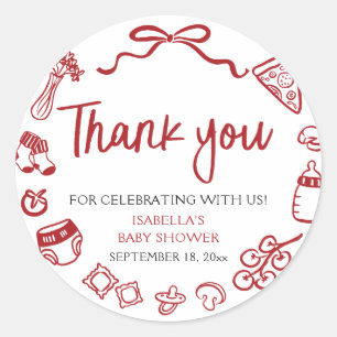 Red Italian Hand Drawn Pizza Baby Shower Thank you Classic Round Sticker