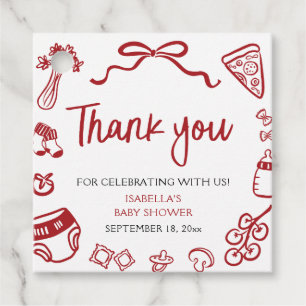 Red Italian Hand Drawn Pizza Baby Shower Thank you Favour Tags
