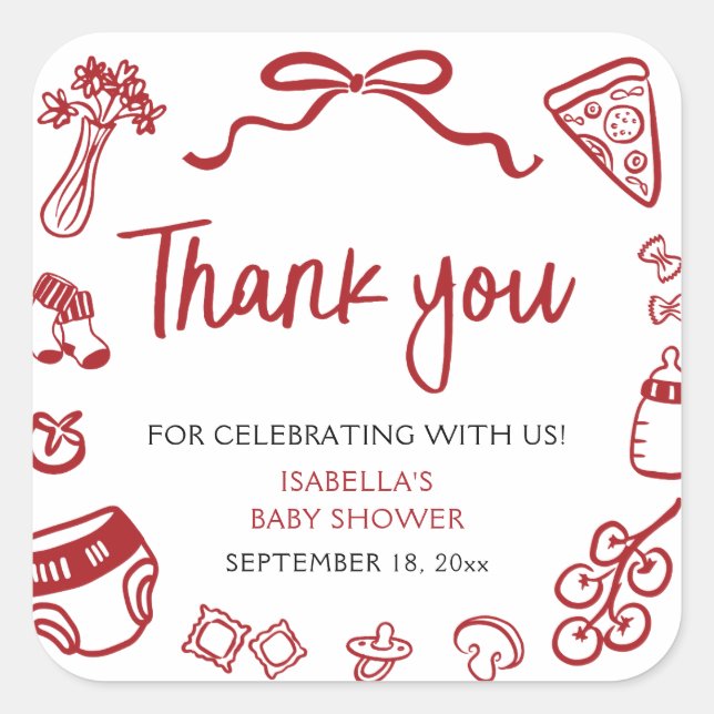 Red Italian Hand Drawn Pizza Baby Shower Thank you Square Sticker (Front)