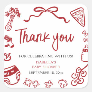 Red Italian Hand Drawn Pizza Baby Shower Thank you Square Sticker