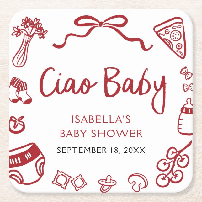 Red Italian Hand Drawn Pizza Ciao Baby Baby Shower Square Paper Coaster (Front)