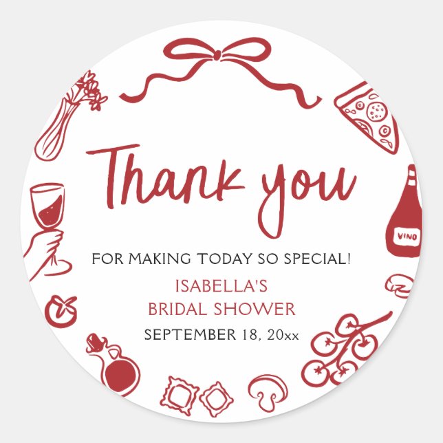 Red Italian Hand Drawn Pizza Pasta Bridal Shower Classic Round Sticker (Front)