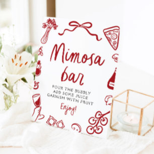 Red Italian Hand Drawn Pizza Pasta Mimosa Bar Sign