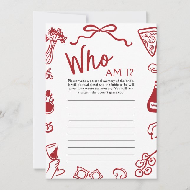 Red Italian Hand Drawn Who Am I Bridal Shower Game Invitation (Front)