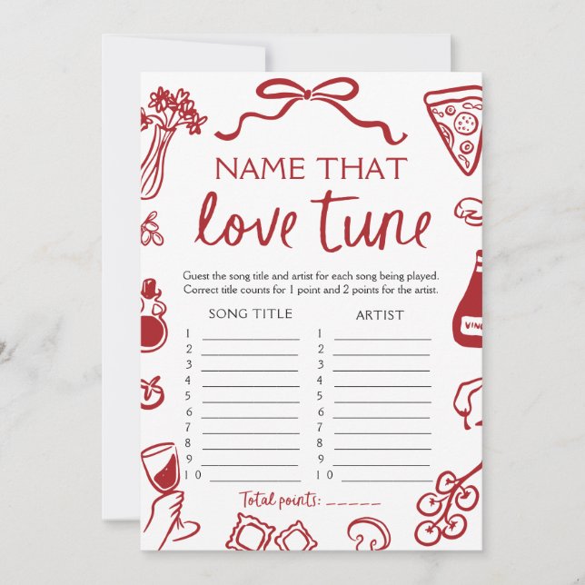 Red Italian Name That Love Tune Bridal Shower Game Invitation (Front)