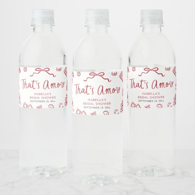 Red Italian That's Amore Pizza Pasta Bridal Shower Water Bottle Label (Bottles)