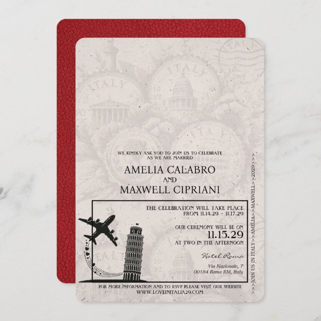 Red Italy Passport Wedding Invitation (Front/Back)