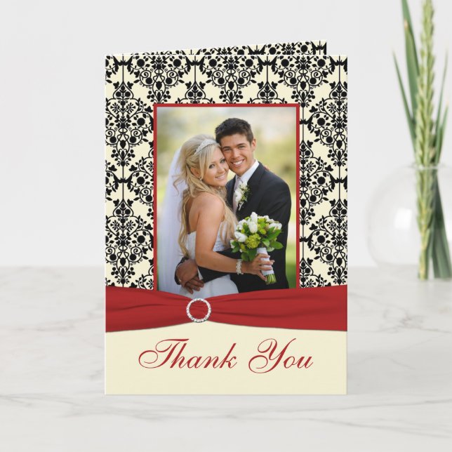 Red, Ivory, and Black Damask Photo Thank You Card (Front)