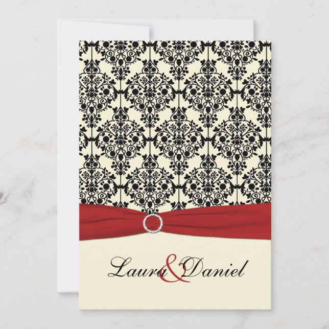 Red, Ivory, and Black Damask Wedding Invitation (Front)