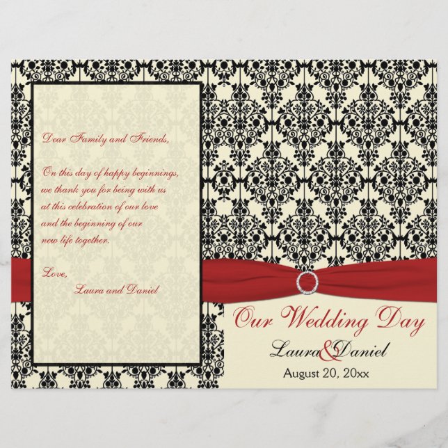 Red, Ivory, and Black Damask Wedding Program (Front)