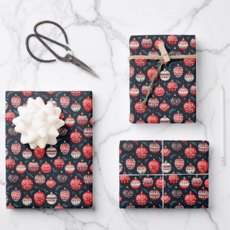 Red & Ivory Christmas Ornaments on Dark Background Wrapping Paper Sheet