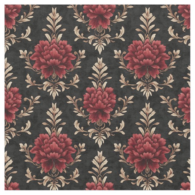 Red & Ivory Floral Damask on Black Fabric (Close Up)