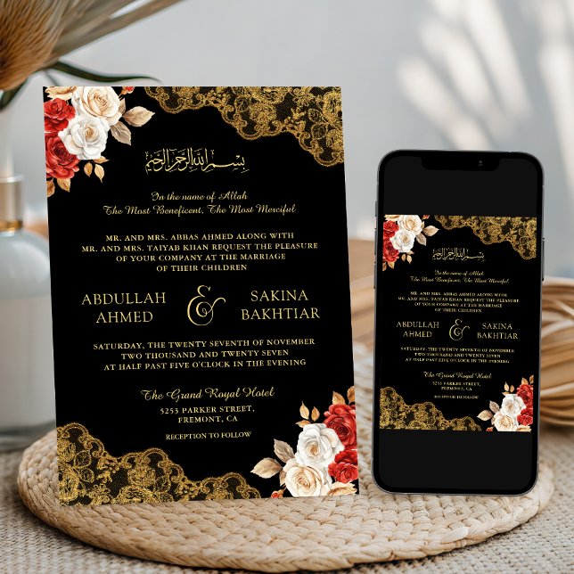 Red Ivory Floral Gold Lace Black Muslim Wedding Invitation (Creator Uploaded)