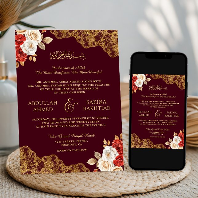 Red Ivory Floral Gold Lace Burgundy Muslim Wedding Invitation (Creator Uploaded)