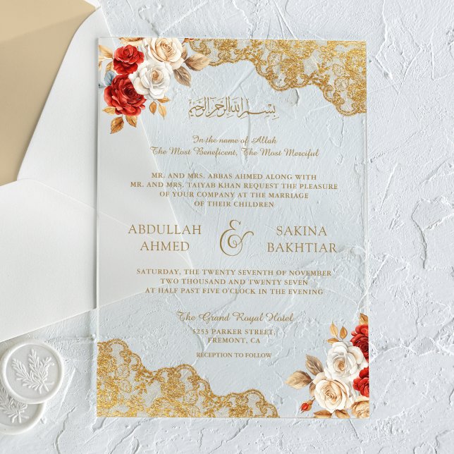 Red Ivory Floral Gold Lace Muslim Wedding Acrylic Invitations (Creator Uploaded)