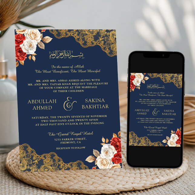 Red Ivory Floral Gold Lace Navy Muslim Wedding Invitation (Creator Uploaded)