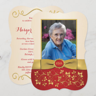 Red, Ivory, Gold 65th Photo Birthday Invitation