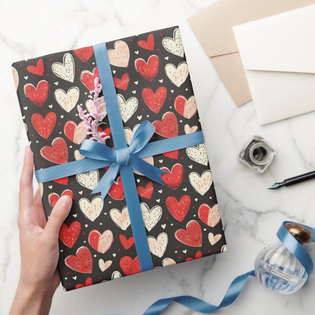 Red & Ivory Hearts on Black Wrapping Paper (Gifting)