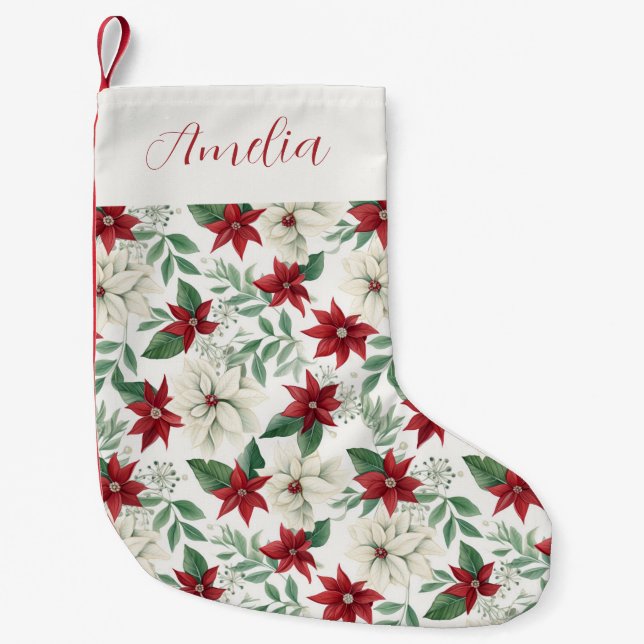 Red & Ivory Poinsettia Holiday Small Christmas Stocking (Front)