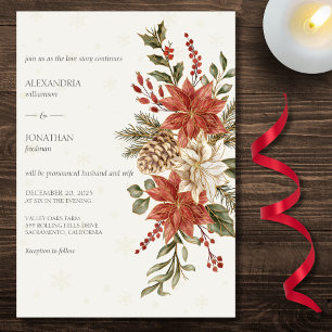 Red & Ivory Poinsettias in Snow on Ivory Wedding  Invitation