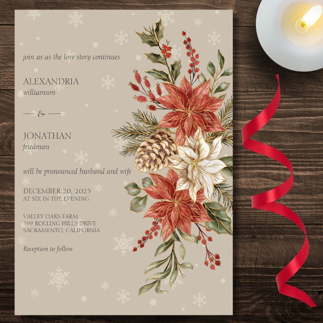 Red & Ivory Poinsettias in Snow on Taupe Wedding  Invitation (Creator Uploaded)