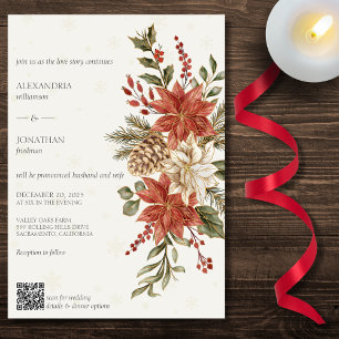 Red & Ivory Poinsettias on Ivory QR Code Wedding Invitation