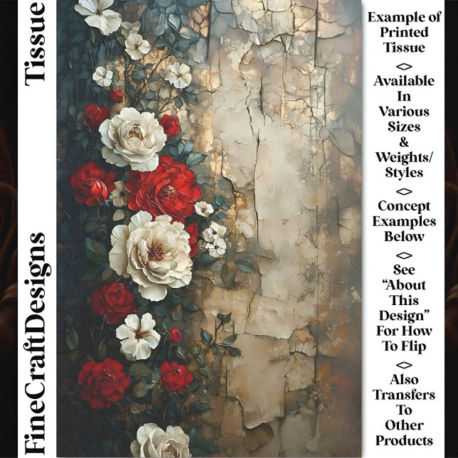 Red Ivory Roses, Aged Weathered Wall CQ4 Decoupage Tissue Paper (Creator Uploaded)