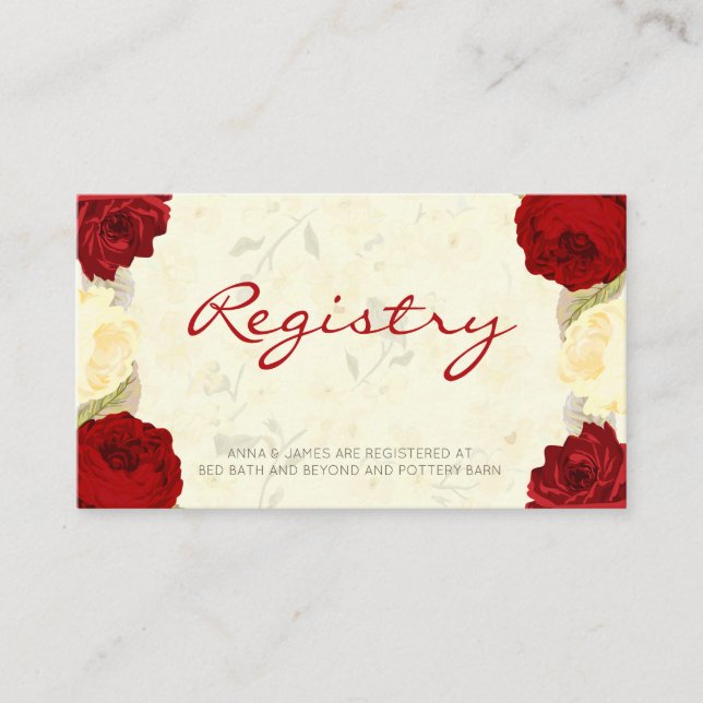 Red & Ivory Roses Wedding Registry Card (Front)