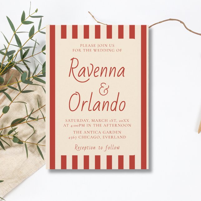Red Ivory Stripes Retro Minimalist Wedding Invitation (Creator Uploaded)