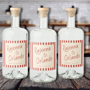 Red Ivory Stripes Retro Minimalist Wedding Liquor Bottle Label