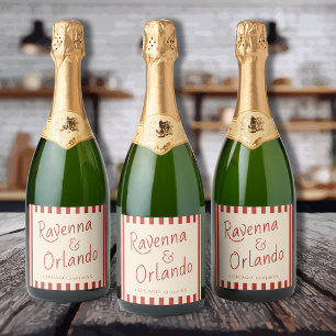 Red Ivory Stripes Retro Minimalist Wedding Sparkling Wine Label