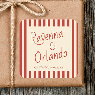 Red Ivory Stripes Retro Minimalist Wedding Square Sticker
