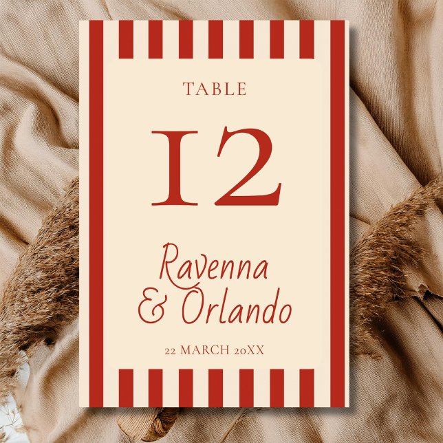 Red Ivory Stripes Retro Minimalist Wedding Table Number (Creator Uploaded)