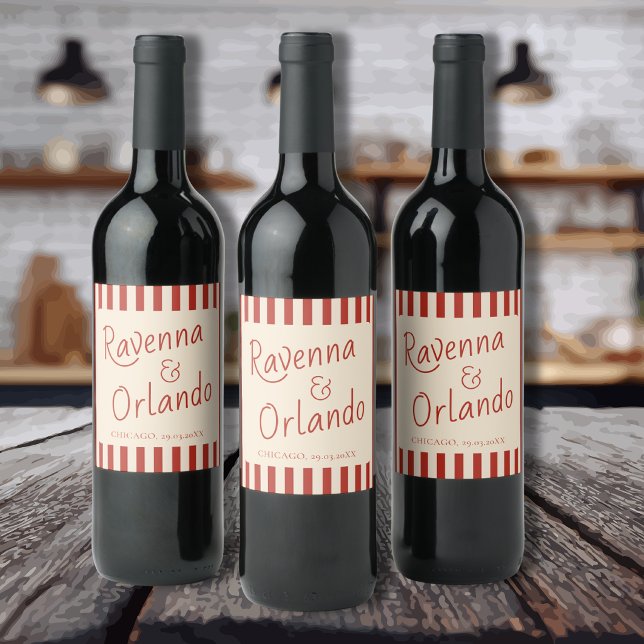 Red Ivory Stripes Retro Minimalist Wedding Wine Label (Creator Uploaded)