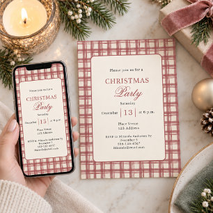 Red Ivory Tartan Plaid Christmas Party Invitation