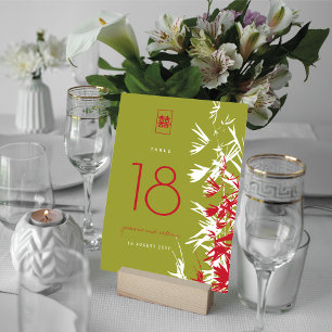 Red & Jade Bamboo Leaves Double Happiness Wedding Table Number