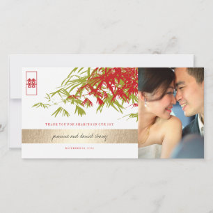Red Jade Green Bamboo Leaves Chinese Wedding Photo Thank You Card