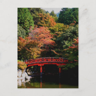 Red Japanese Bridge in Autumn Postcard