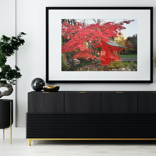 Red Japanese Maple Leaves and Garden Shrine Poster (In Situ)