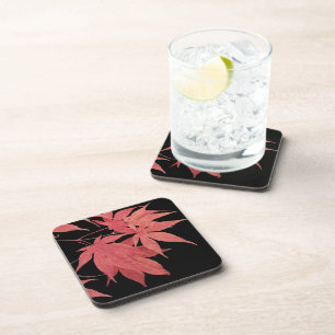 Red Japanese Maple Leaves on Black Coaster