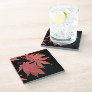 Red Japanese Maple Leaves on Black Glass Coaster