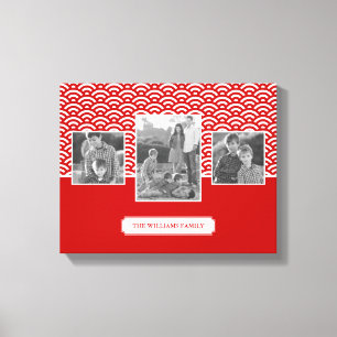 Red Japanese Pattern Family Photos & Text Canvas Print