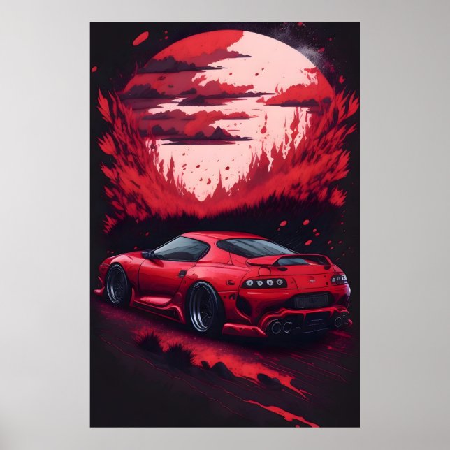 Red Japanese Supra Car Gift for Him Mancave Poster (Front)
