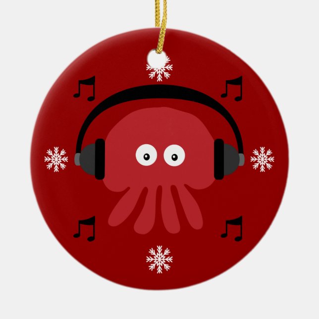 Red Jellyfish DJ & Snowflakes Customisable Ceramic Tree Decoration (Front)