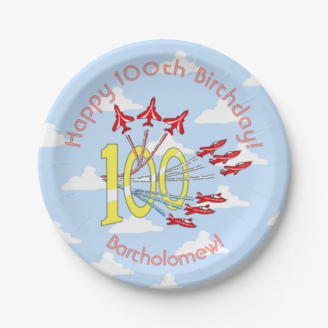Red Jet Planes 100th Blue Sky Paper Plates (Front)